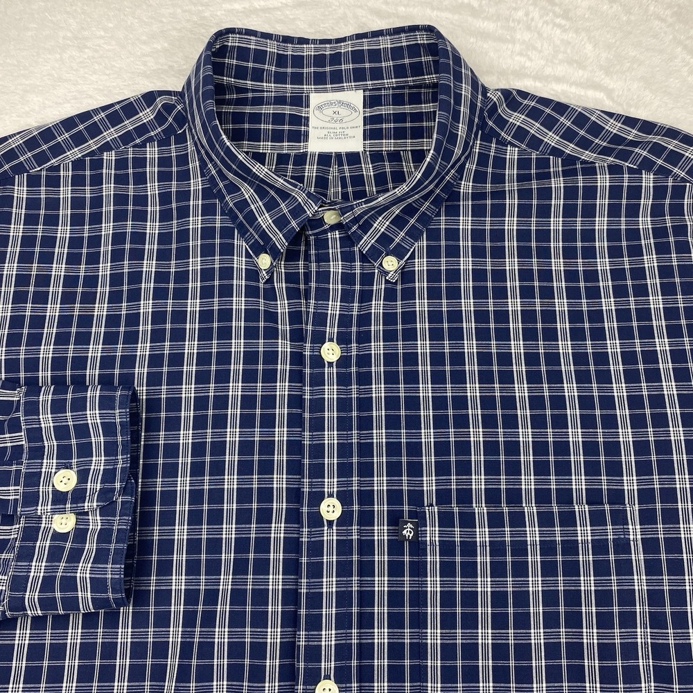 Brooks Brothers Men's XL Blue White Plaid Dress Shirt Slim Fit Long Sleeve